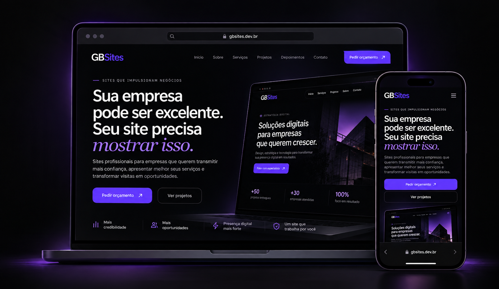 Apresentação responsiva da GB Sites em notebook e celular.